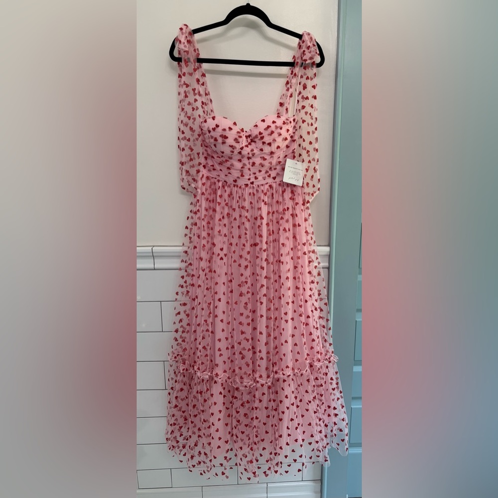 Petal & Pup Floret Pink Tulle Red Hearts Midi Dress Tie Straps NWT Valentines S - Picture 2 of 15